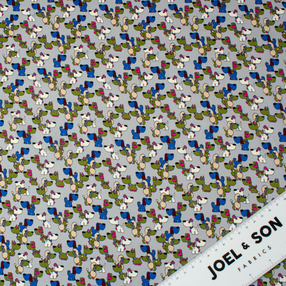 Multi Puppy Printed Grey Stretch Silk Satin