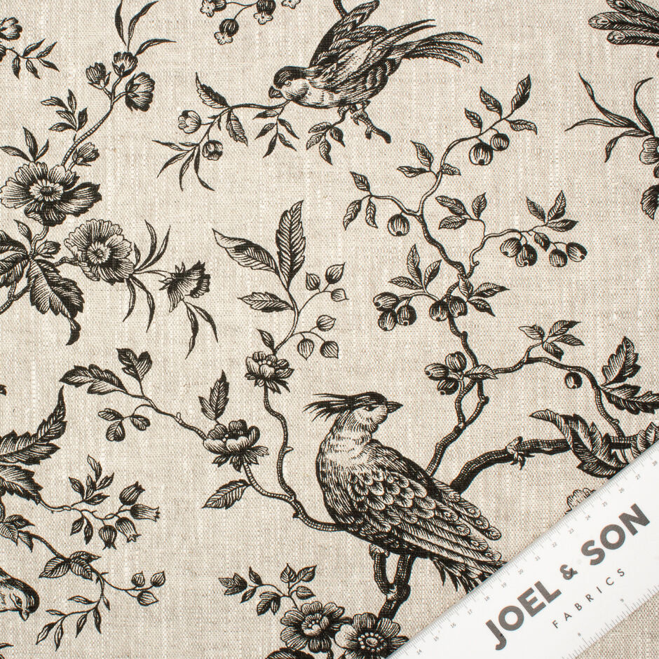 Black Bird & Floral Printed Oatmeal Linen