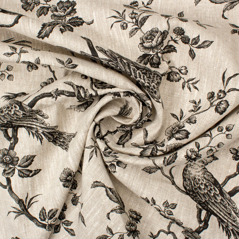 Black Bird & Floral Printed Oatmeal Linen