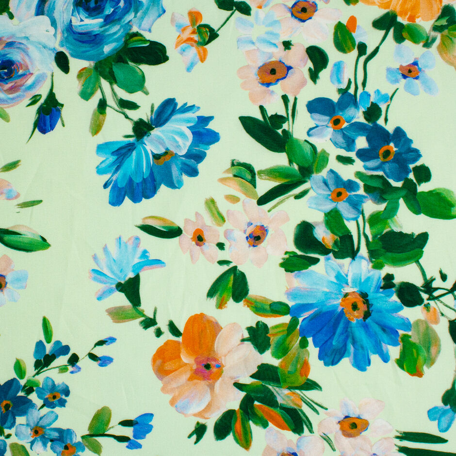 Orange & Blue Floral Printed Mint Cotton (A 2m Piece)