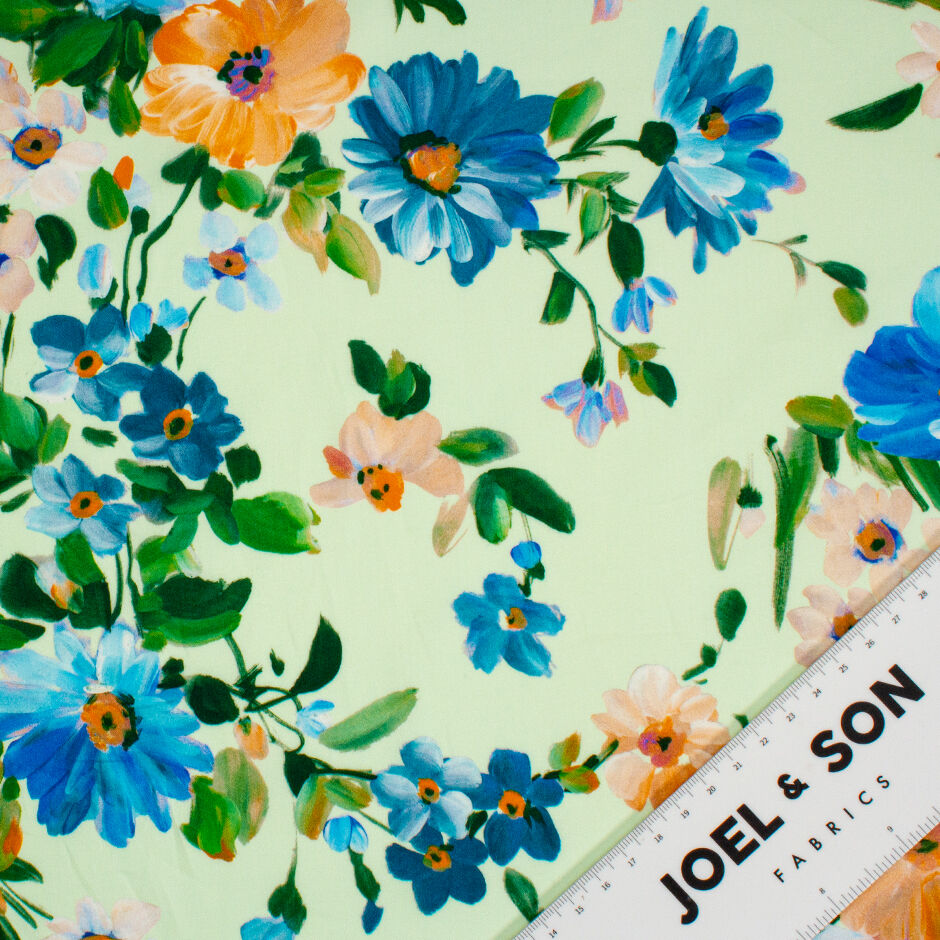 Orange & Blue Floral Printed Mint Cotton (A 2m Piece)
