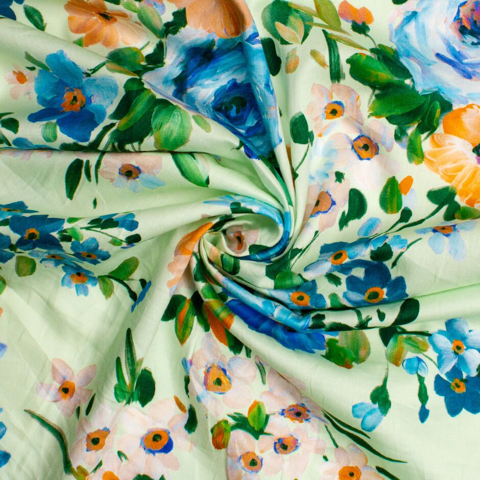 Orange & Blue Floral Printed Mint Cotton (A 2m Piece)