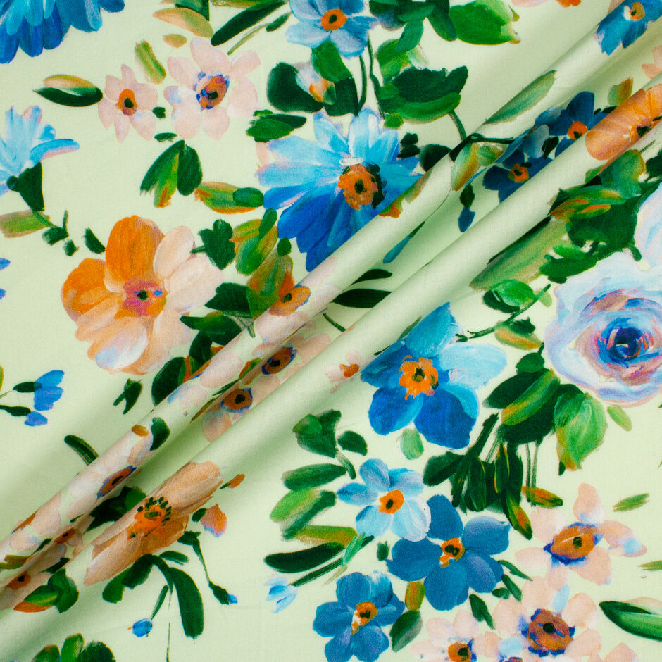 Orange & Blue Floral Printed Mint Cotton (A 2m Piece)