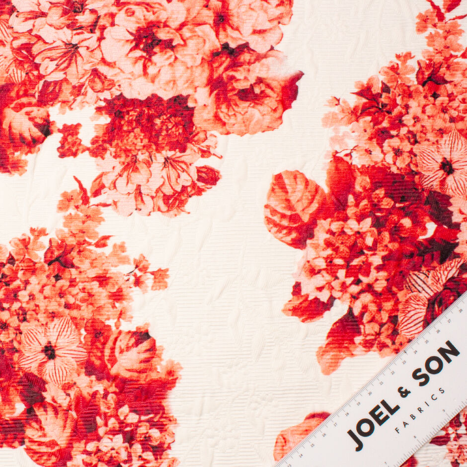 Red Floral Printed White Cotton Piqué