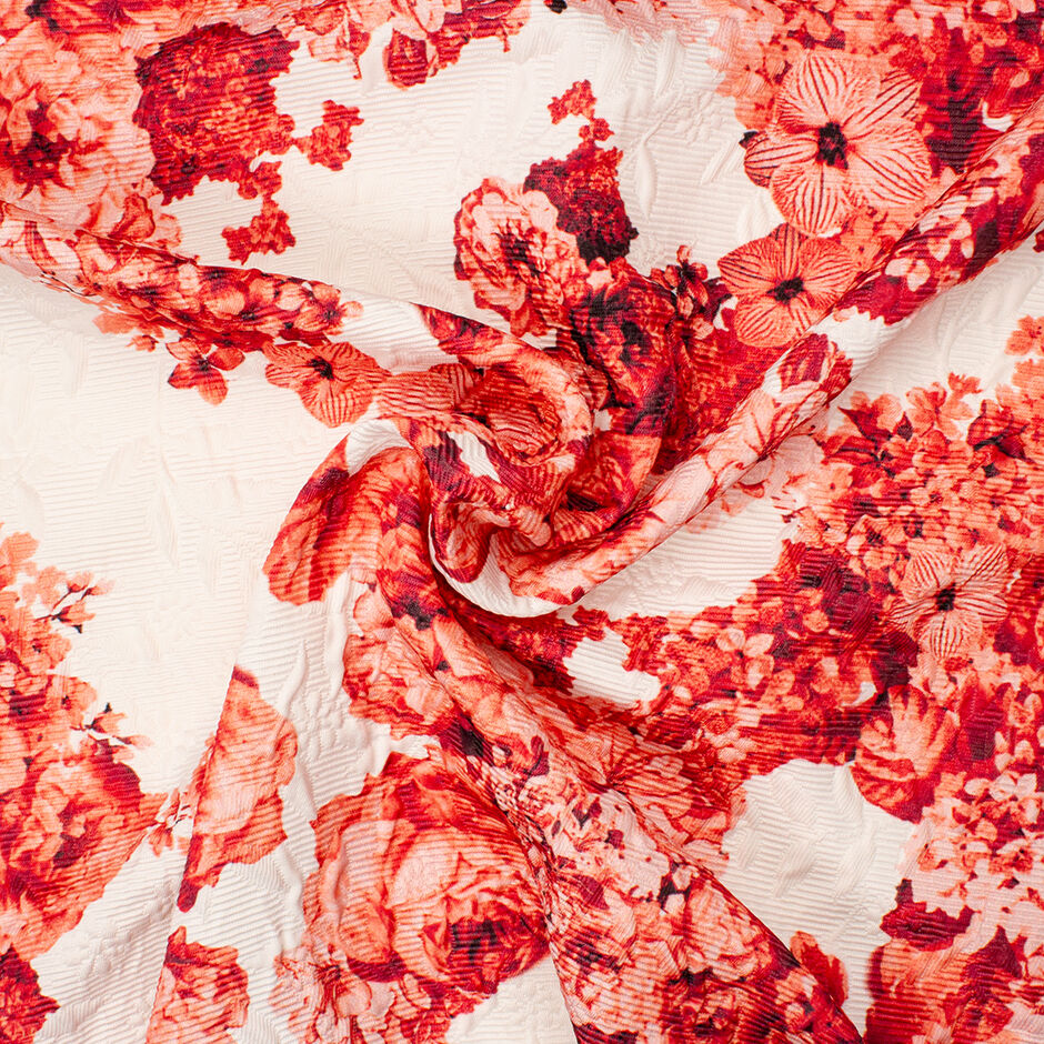 Red Floral Printed White Cotton Piqué