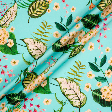 Floral & Leaf Printed Turquoise Luxury Cotton