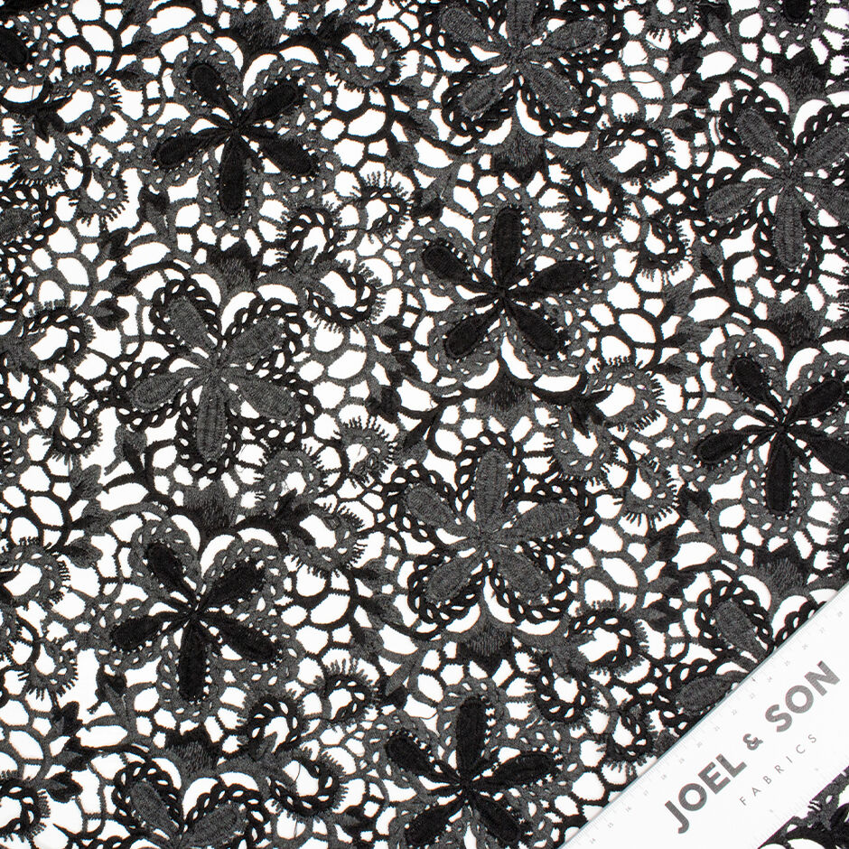 Grey & Black Floral Cotton Blend Guipure Lace