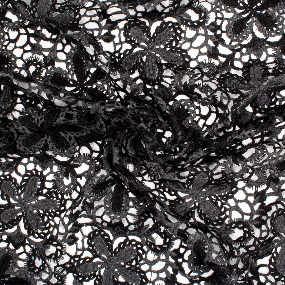 Grey & Black Floral Cotton Blend Guipure Lace