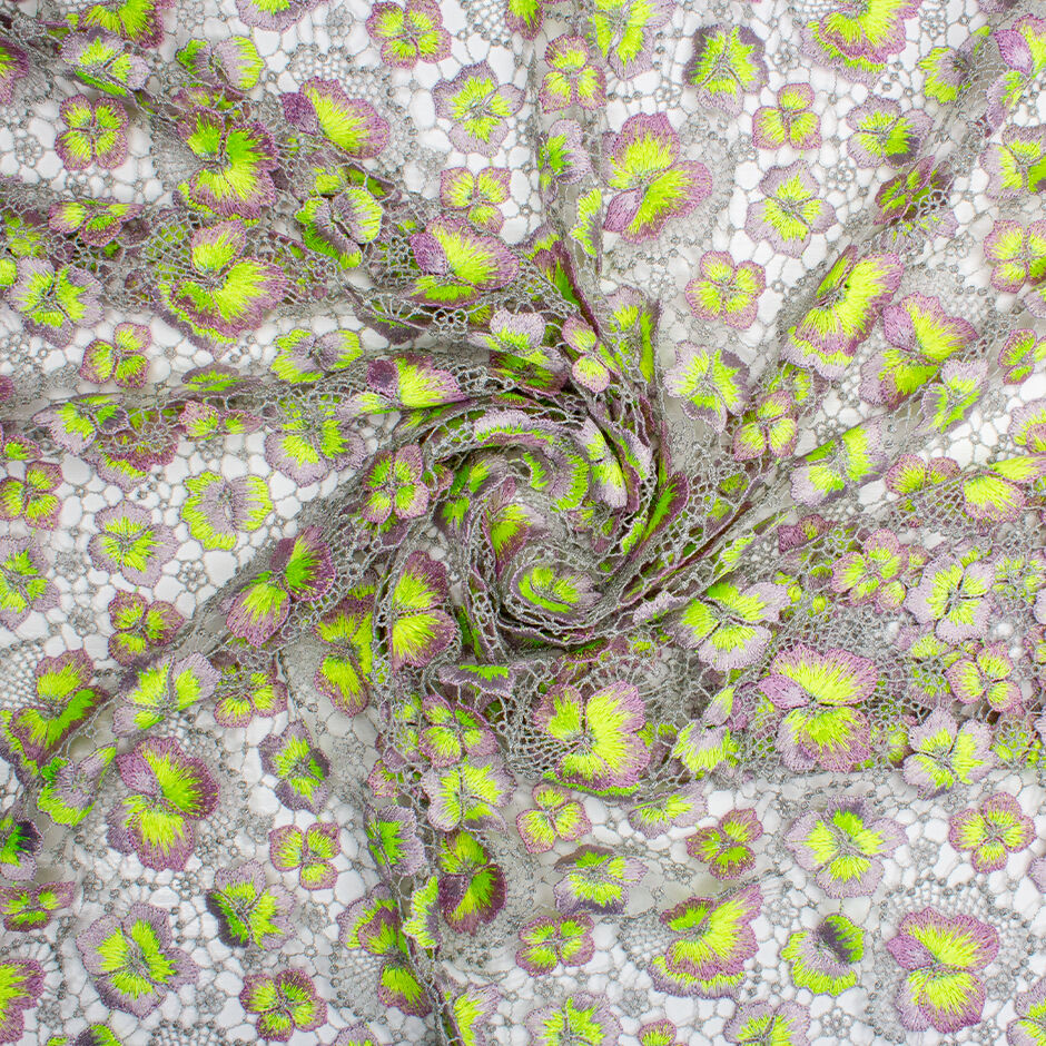 Lilac & Lime Floral Metallic Grey Guipure Lace