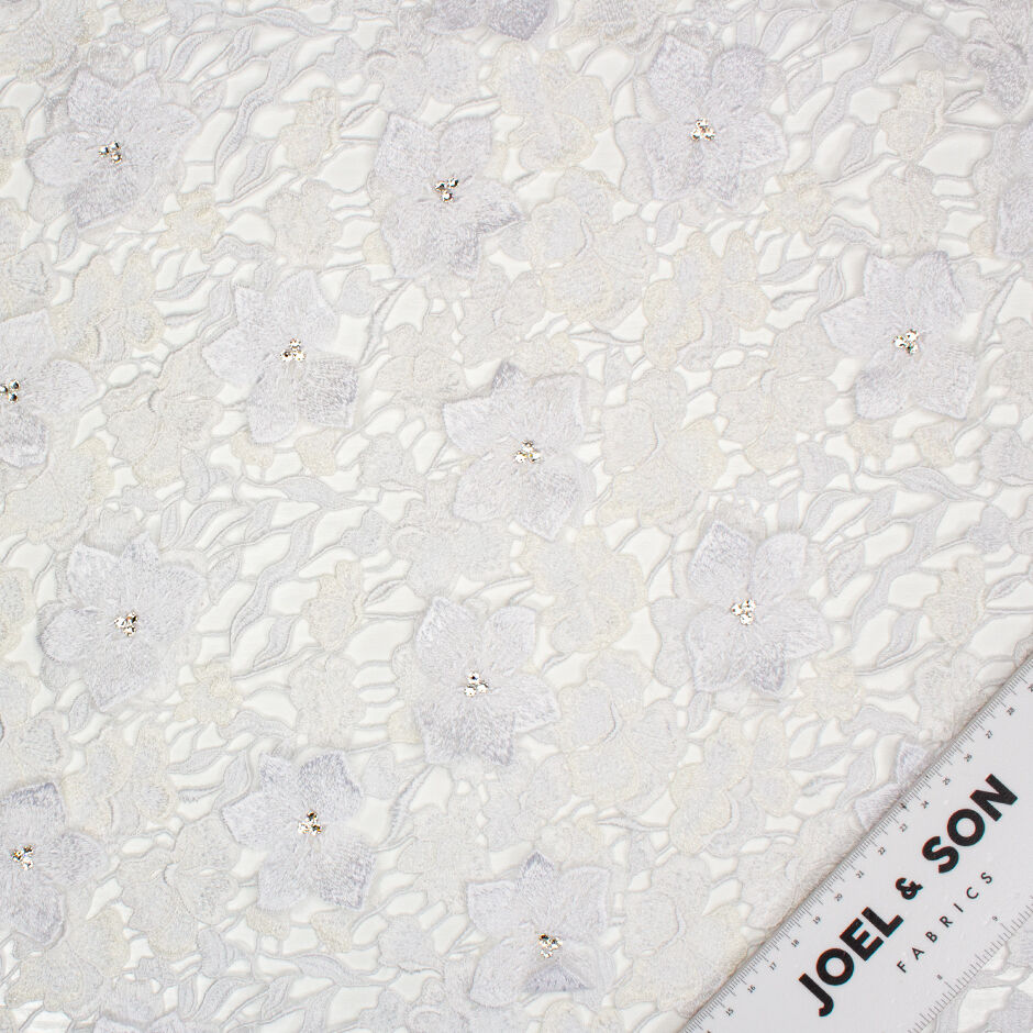 Metallic White & Ivory Swarovski Stoned Guipure Lace