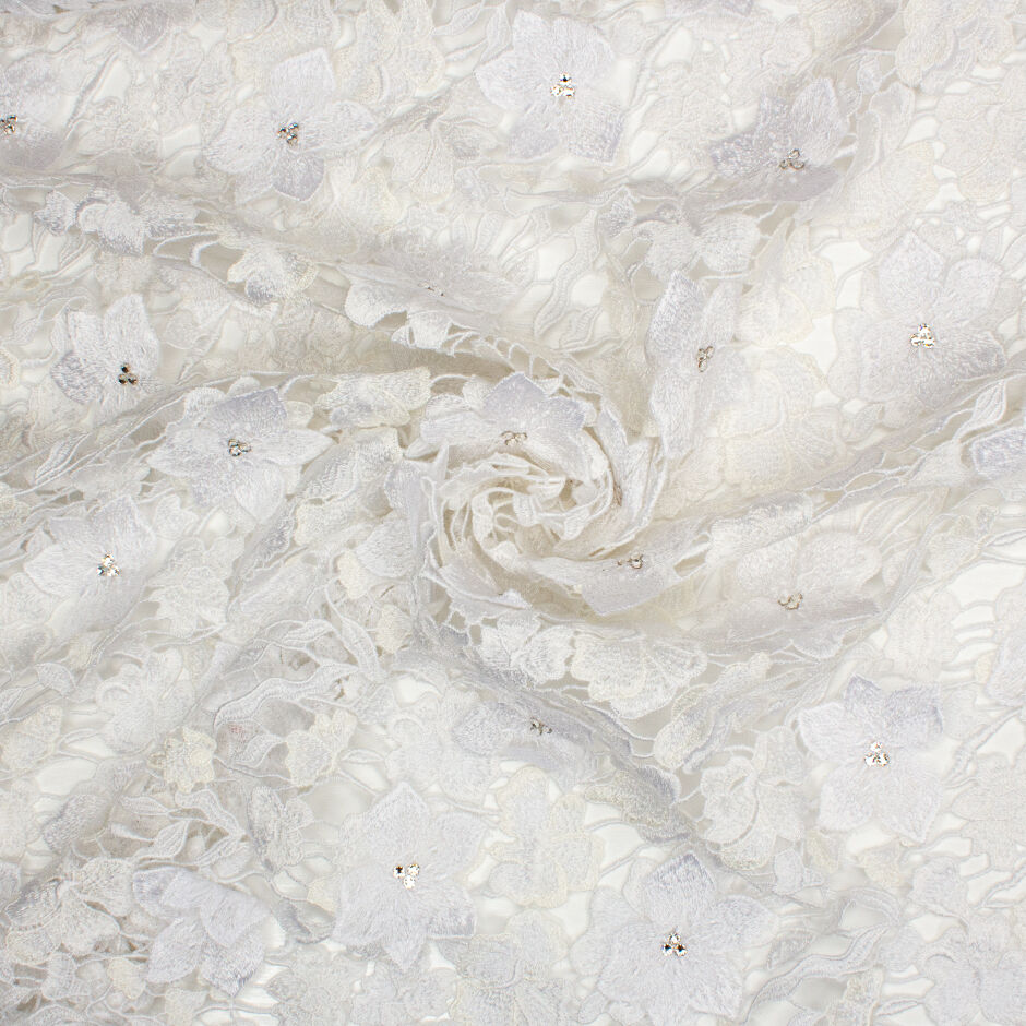 Metallic White & Ivory Swarovski Stoned Guipure Lace