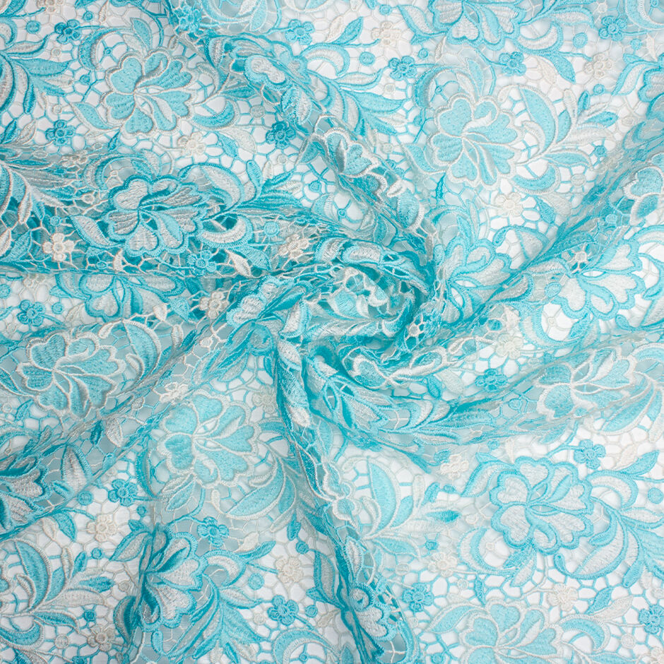 White & Turquoise Floral Guipure Lace