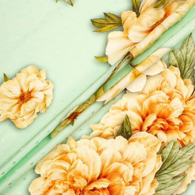Soft Yellow Floral Printed Pale Green Silk Jacquard