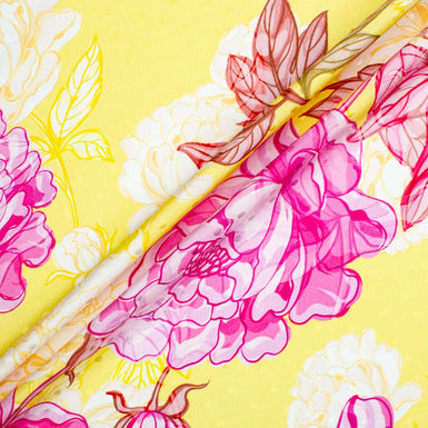 Fuchsia Pink Floral Printed Yellow Silk Jacquard