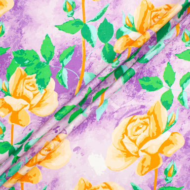 Deep Yellow Rose Printed Purple Silk Jacquard