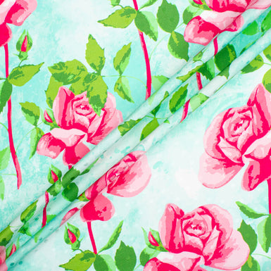 Pink Rose Printed Turquoise Shaded Silk Jacquard