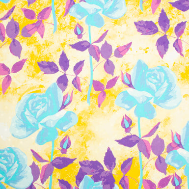 Blue & Purple Rose Printed Yellow Silk Jacquard