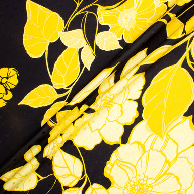 Canary Yellow Floral Printed Black Silk Jacquard