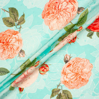 Red & Pink Floral Printed Pale Turquoise Silk Jacquard
