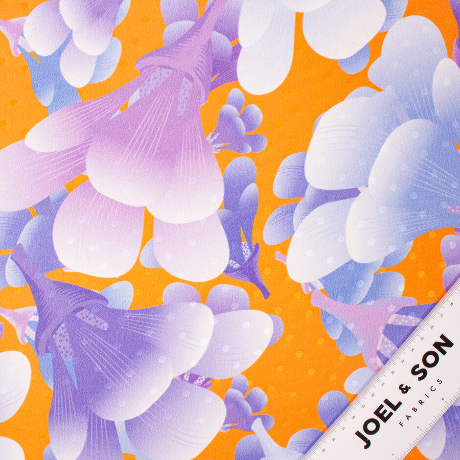 Bold Purple Floral Printed Bright Orange Silk Jacquard