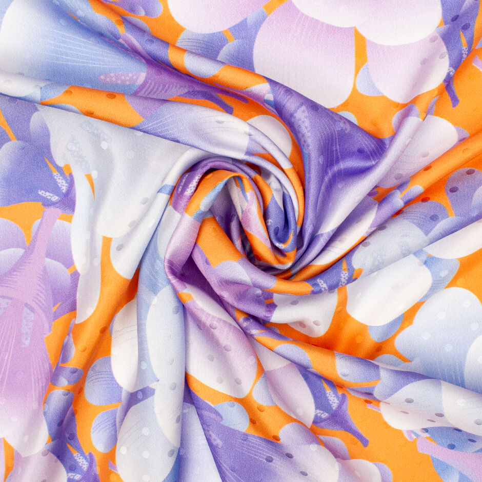 Bold Purple Floral Printed Bright Orange Silk Jacquard