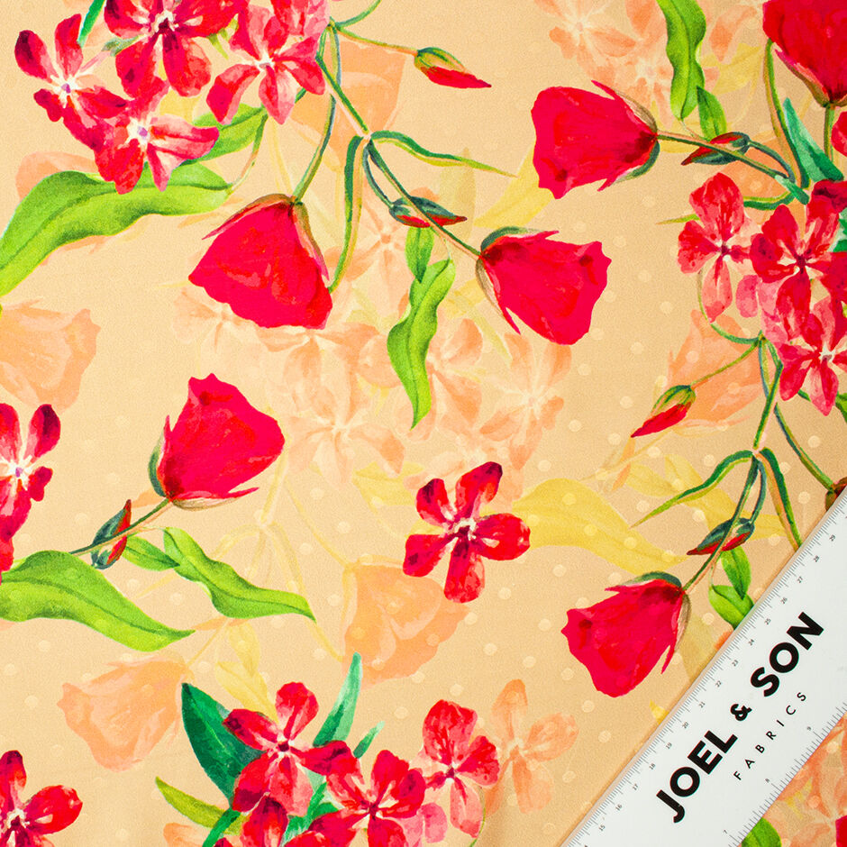 Red Floral Printed Peach Silk Spot Jacquard (A 2.40m Piece)