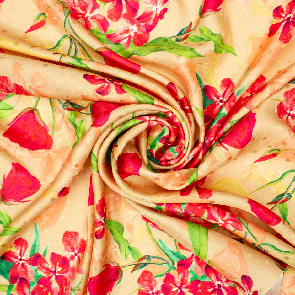 Red Floral Printed Peach Silk Spot Jacquard (A 2.40m Piece)
