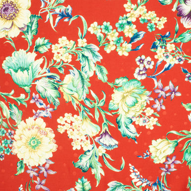 Multi Floral Printed Deep Red Silk Jacquard