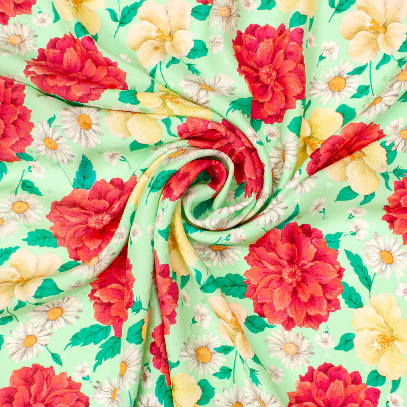 Red & Yellow Floral Printed Soft Green Silk Spot Jacquard