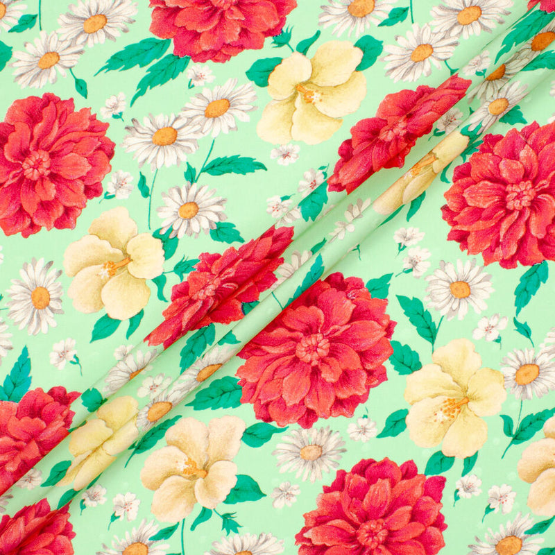 Red & Yellow Floral Printed Soft Green Silk Spot Jacquard