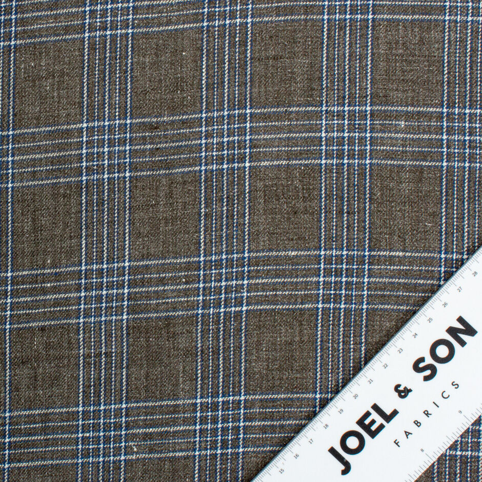 Brown, Blue & White Checkered Pure Linen