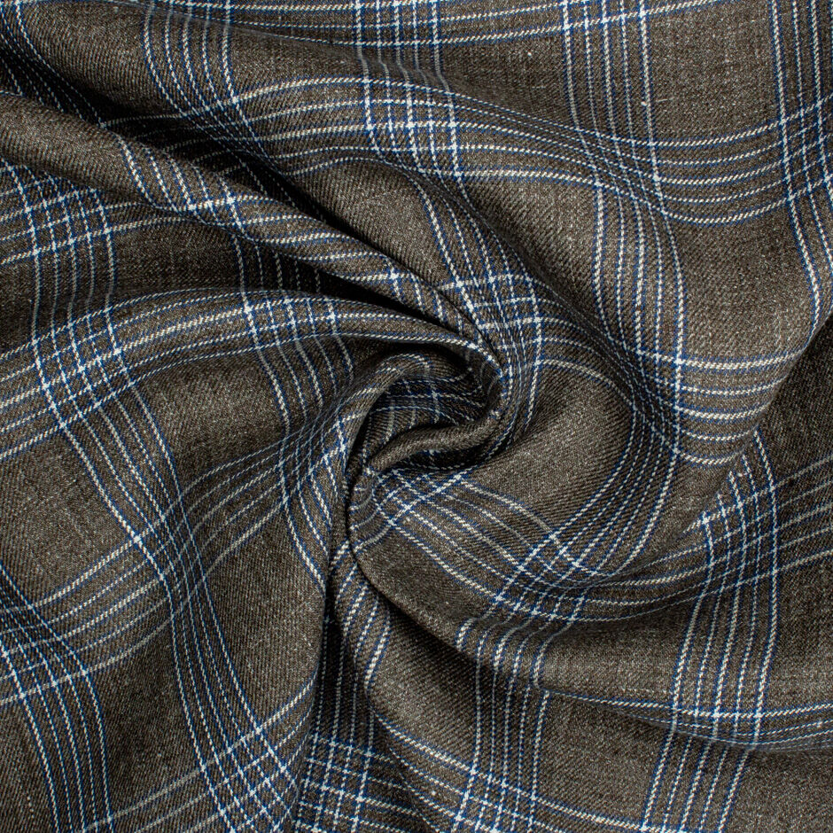 Brown, Blue & White Checkered Pure Linen