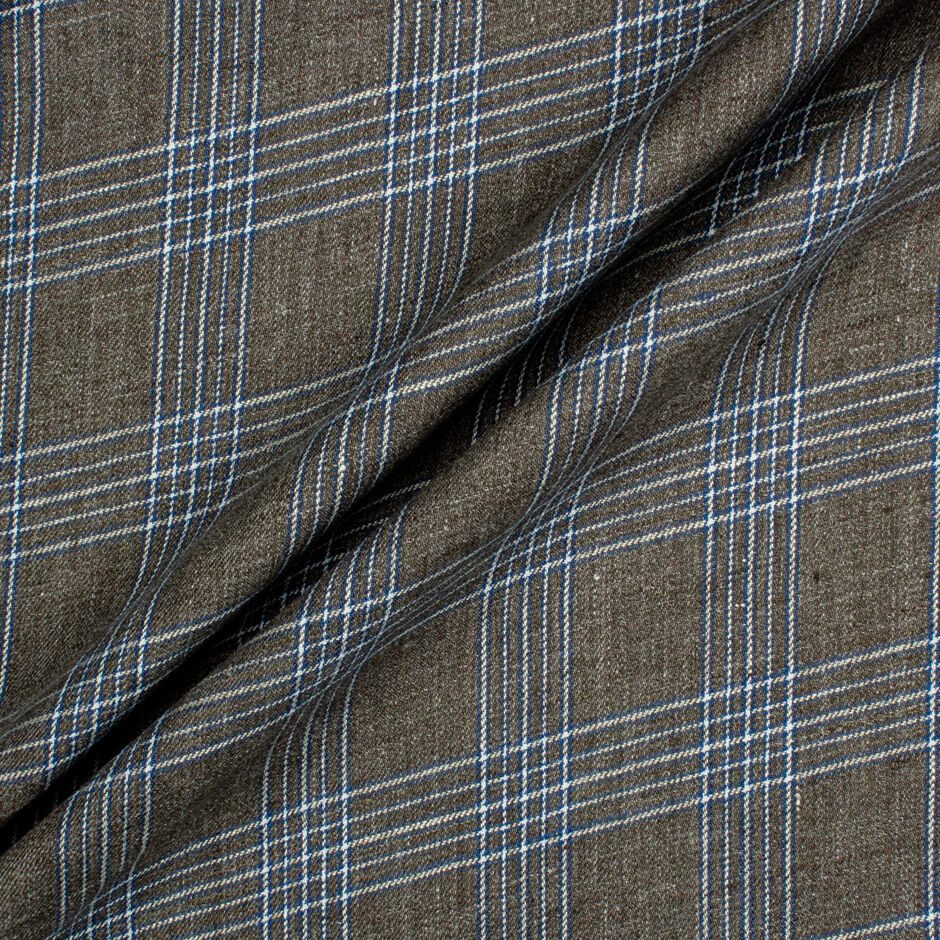 Brown, Blue & White Checkered Pure Linen