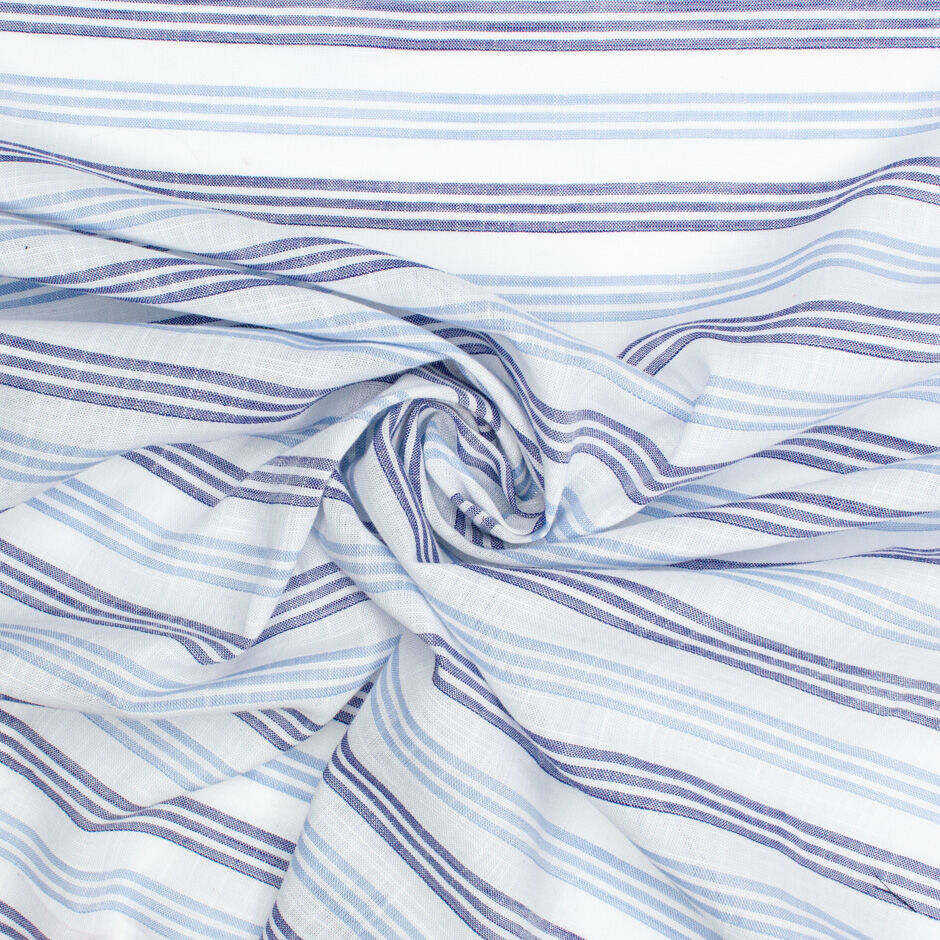 Blue Multi Striped White Pure Linen