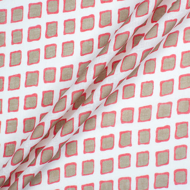Taupe & Pink Squares Printed White Pure Linen