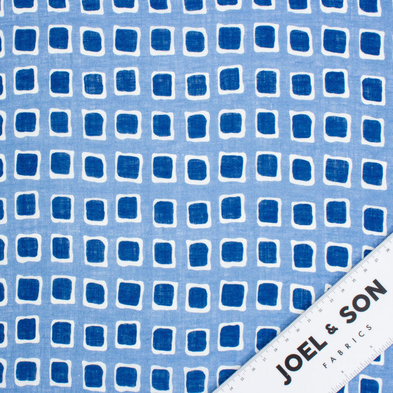 Blue Squares Printed Pure Linen Luxury Linen Fabric