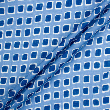 Blue Squares Printed Blue Pure Linen