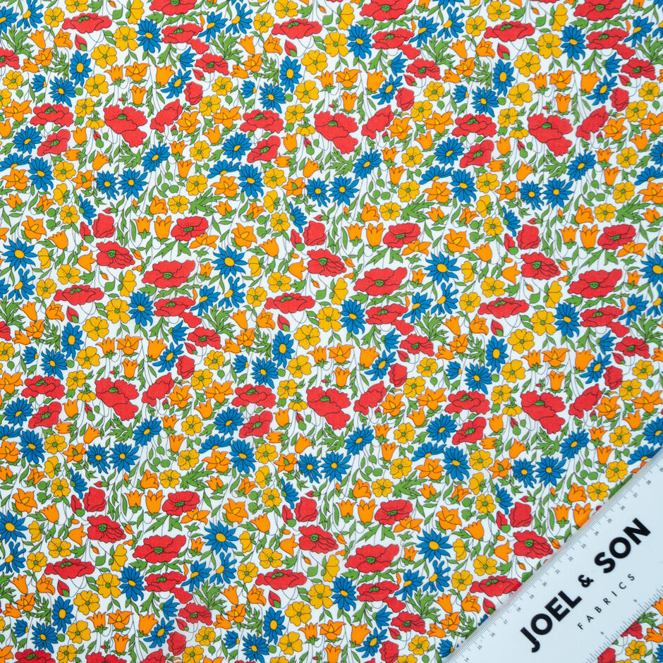 Orange/Yellow/Red/Blue 'Poppy & Daisy' Floral Printed Liberty Tana Lawn Cotton