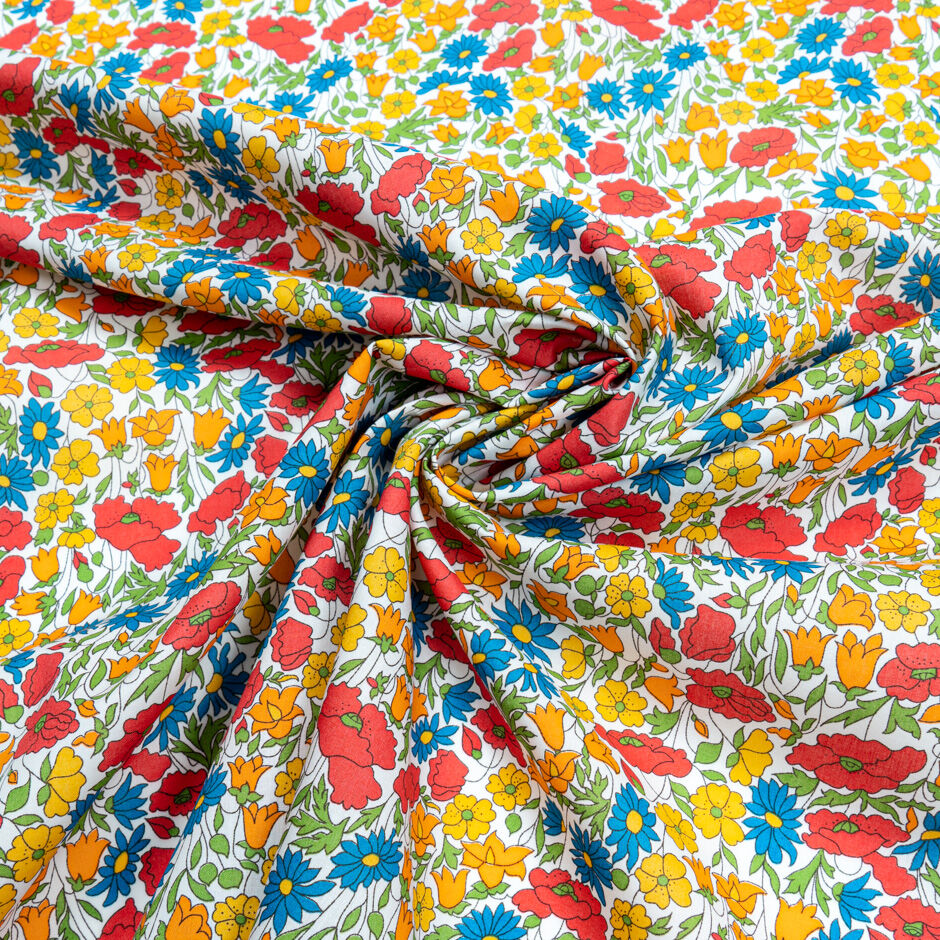 Orange/Yellow/Red/Blue 'Poppy & Daisy' Floral Printed Liberty Tana Lawn Cotton