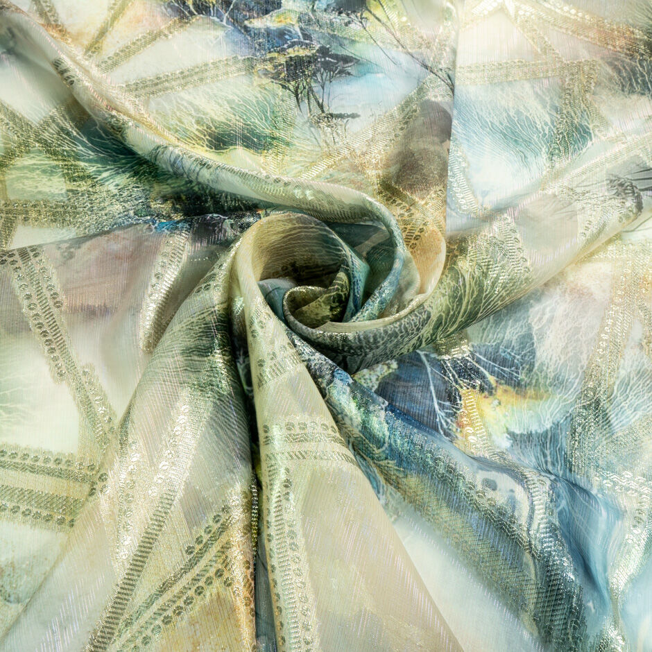 Yellow & Ink Blue Sheer Metallic Microfibre