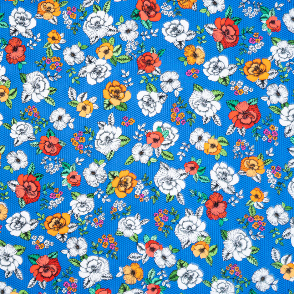 Red, Orange & White Floral Printed Blue Luxury Cotton