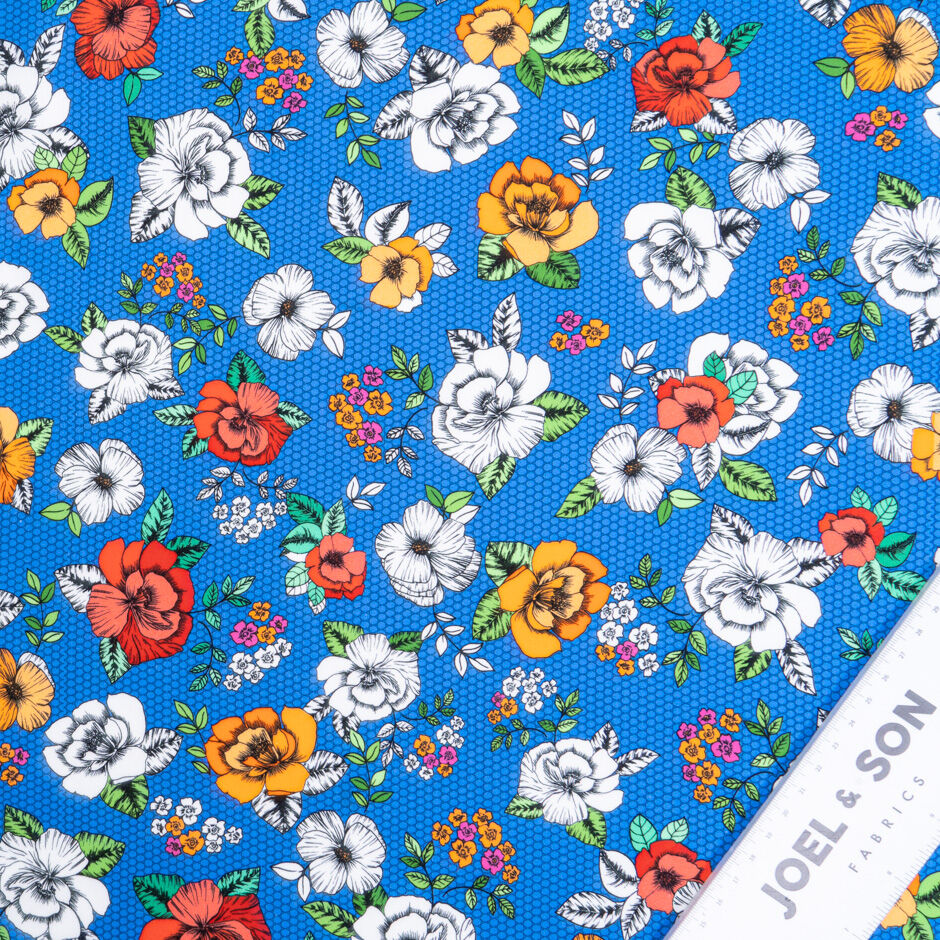 Red, Orange & White Floral Printed Blue Luxury Cotton
