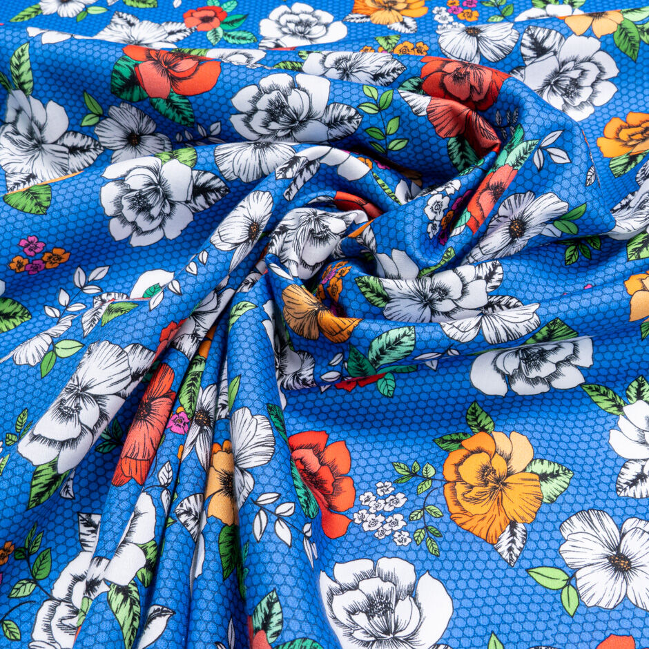 Red, Orange & White Floral Printed Blue Luxury Cotton