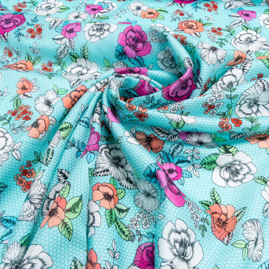 White & Pink Floral Printed Soft Turquoise Luxury Cotton