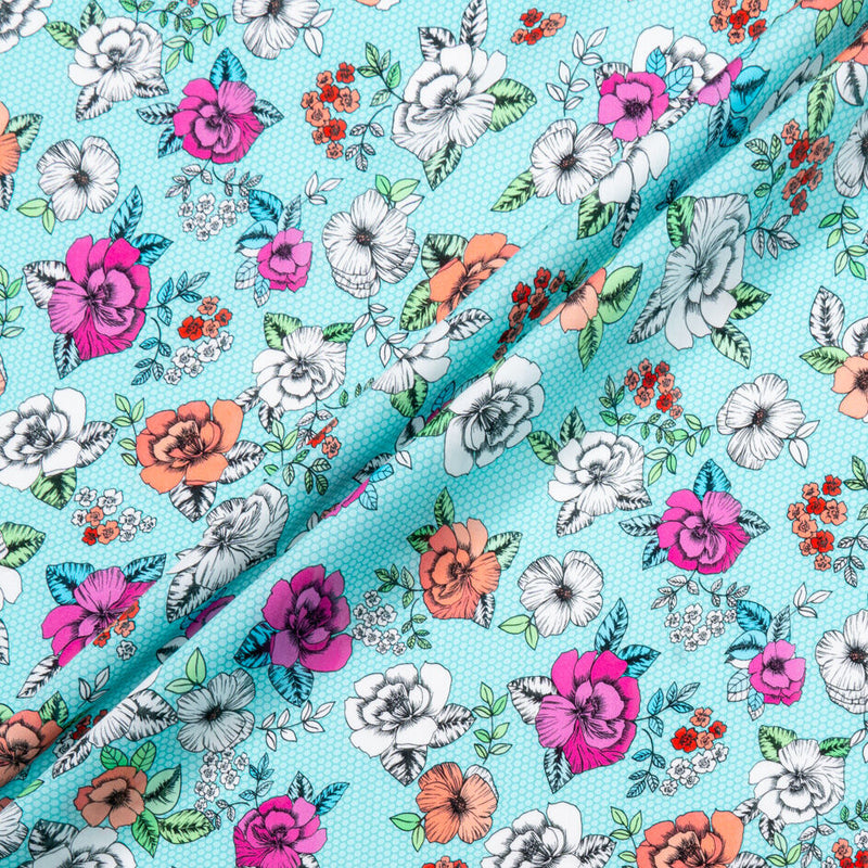 Turquoise Print Floral Sari Fabric By The Yard