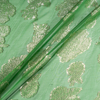 Gold Metallic Floral Jacquard Green Silk Chiffon