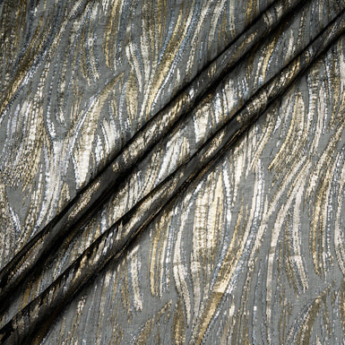 Silver & Gold Metallic Jacquard Dark Grey Silk Chiffon