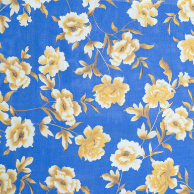 Ivory & Yellow Floral Printed Royal Blue Silk Chiffon