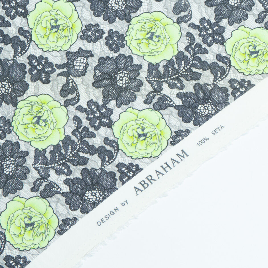 Lime Green Floral Black Lace Printed Silk Georgette