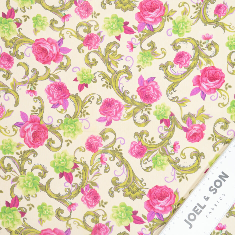 Lime & Pink Rose Floral Printed Yellow Silk Georgette